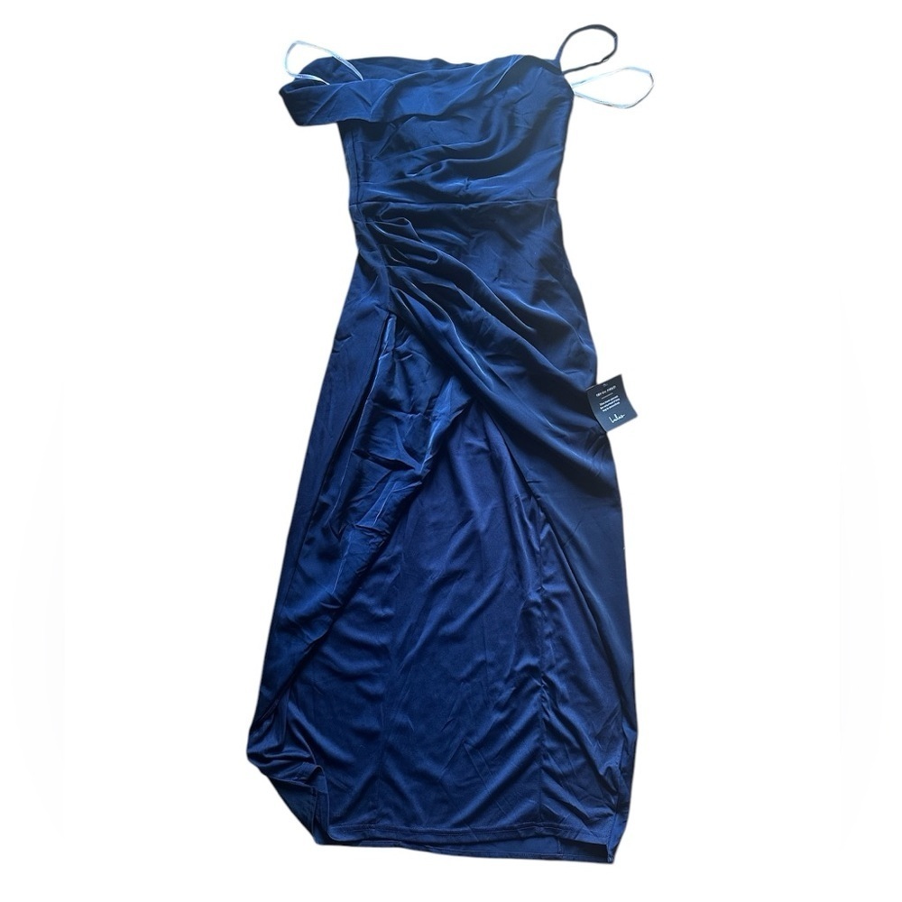 NWT Showing Off a Little Navy Blue Asymmetrical Tulip Midi Dress - Picture 5 of 5